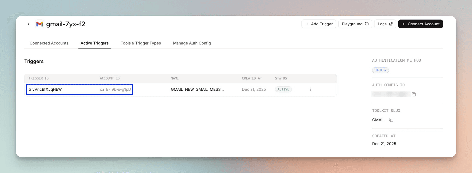 Trigger ID and connected account ID in the dashboard